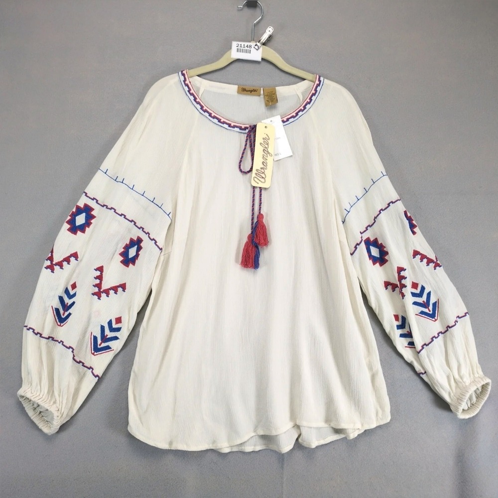 NWT Wrangler Embroidery Tassel Peasant Blouse Women's L Balloon Slv Western Boho